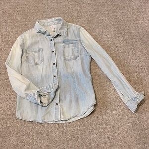 Xhilaration Distressed Denim Button Down Long Sleeve Top